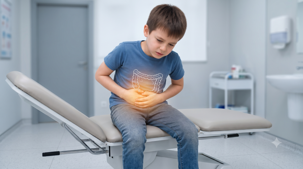 Enfant tenant son ventre en raison d'une douleur abdominale évoquant une appendicite